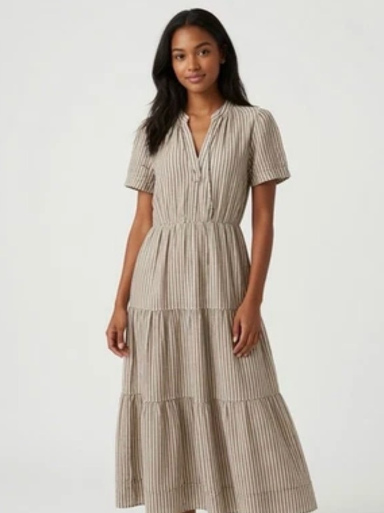 Cynthia Rowley Dresses & Skirts - Cynthia Rowley Beige and White Striped Tiered Maxi Linen Dress